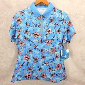 Coolibar Womens Double Eagle‎ Short Sleeve Polo Shirt Size M Blue Floral UPF 50+